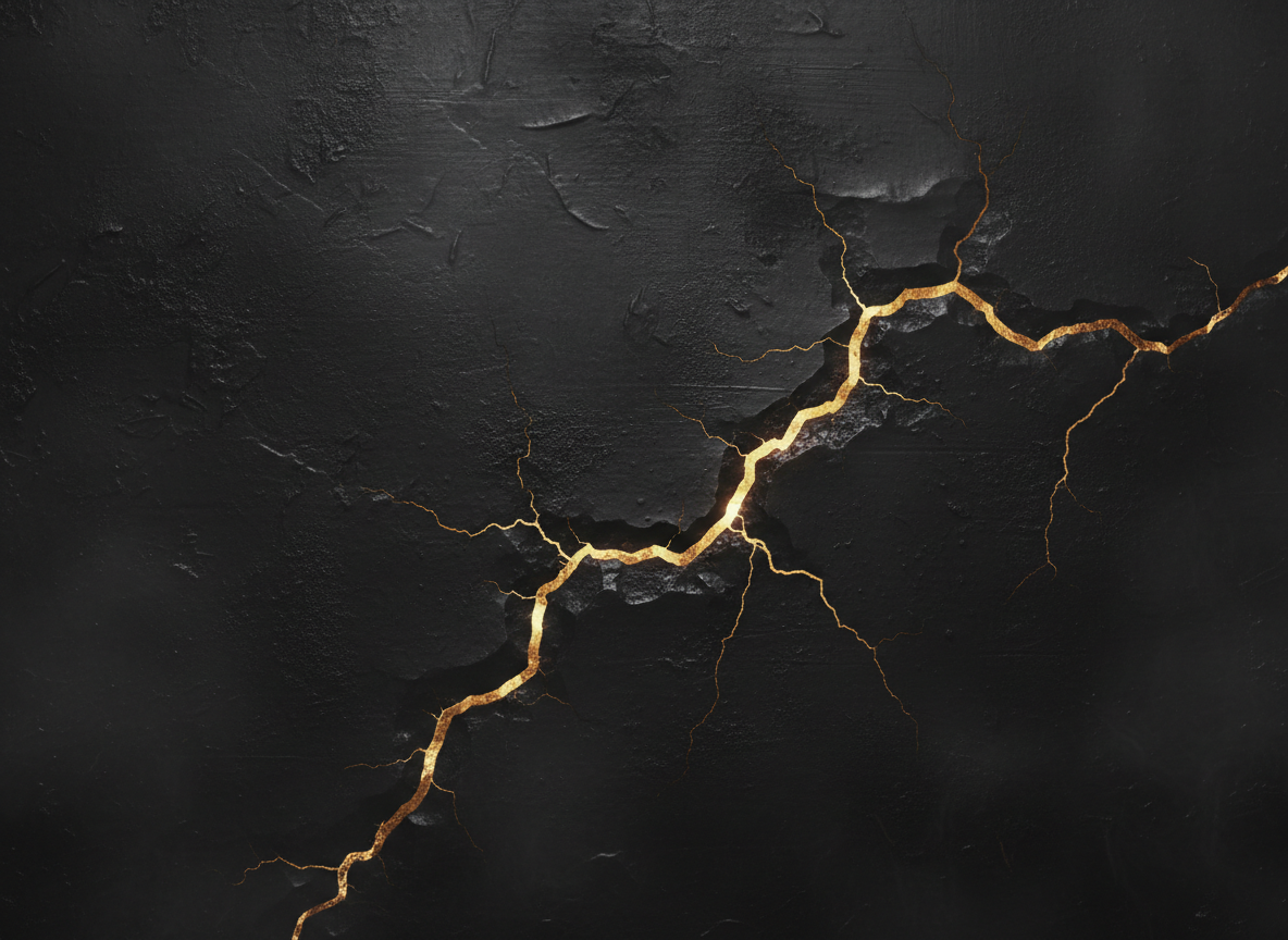 Dark abstract industrial texture, near-black charcoal surface with subtle scratched metal and faint golden amber light bleeding through cracks, mythic and moody, cinematic low-key lighting, no text, high detail, atmospheric