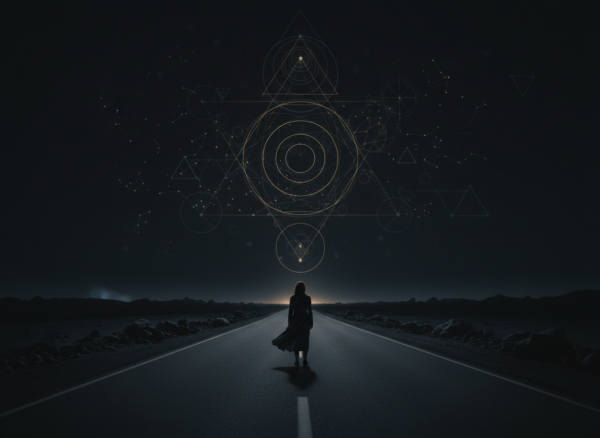 A lone figure standing on a dark road stretching into the distance. The sky above is extremely dark, near-black, filled with faint glowing geometric structures — sacred geometry, constellation-like node networks, overlapping triangles and circles, data lattices, subtle golden ratio spirals — all rendered as dim luminous lines, as if the invisible architecture of reality is barely visible overhead. The geometry feels ancient and mathematical simultaneously. Extremely dark, cinematic, moody, philosophical. The geometry is subtle, not overwhelming — like seeing the structure of the world through the darkness.