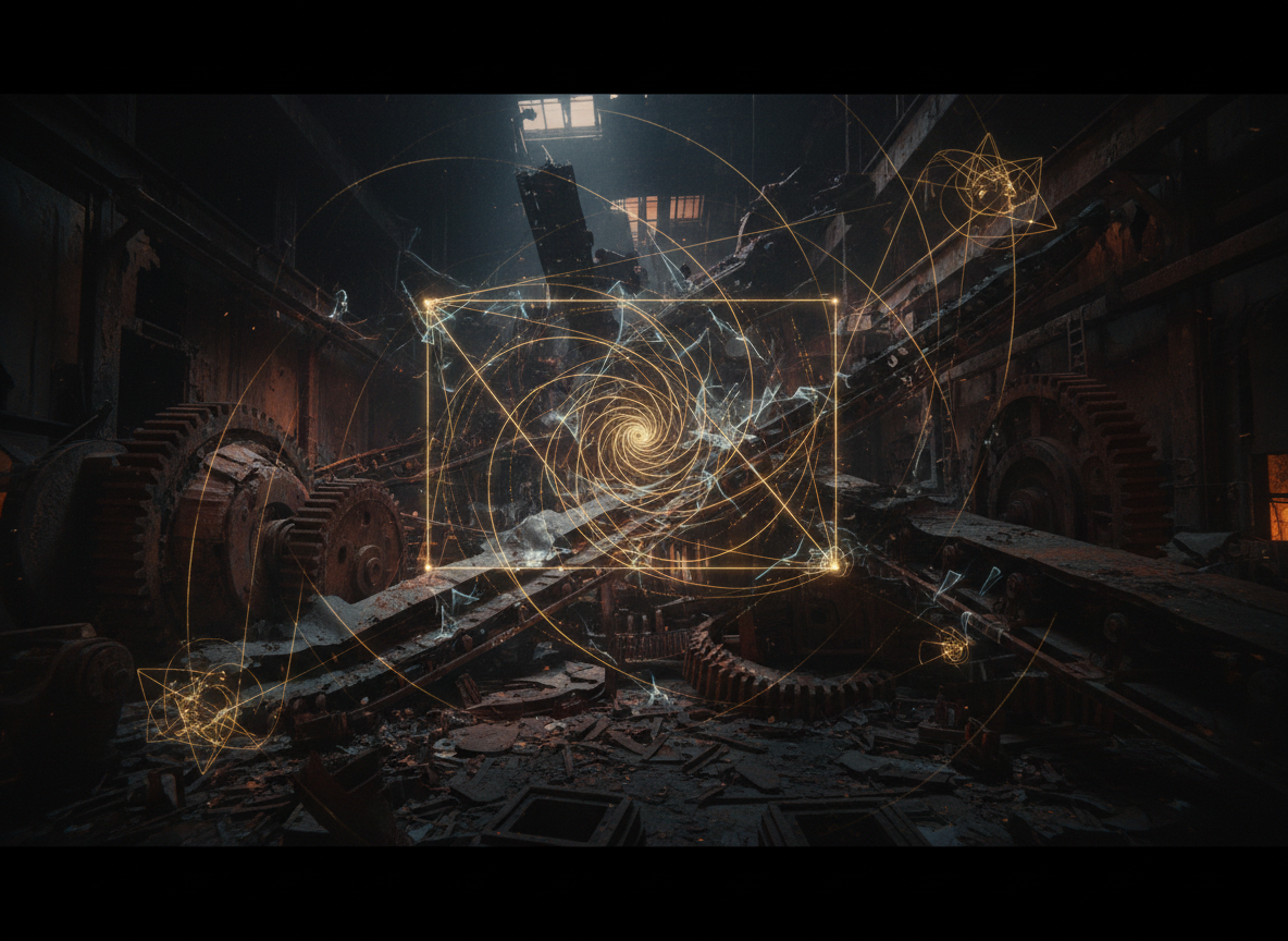 Abandoned industrial machinery overtaken by sacred geometry — rusted gears and broken conveyor belts intersected by perfect golden ratio spirals and geometric light patterns. Dark, gritty, atmospheric. Dust and decay meeting divine mathematical order. Cinematic, high contrast, dark background with faint warm light breaking through.