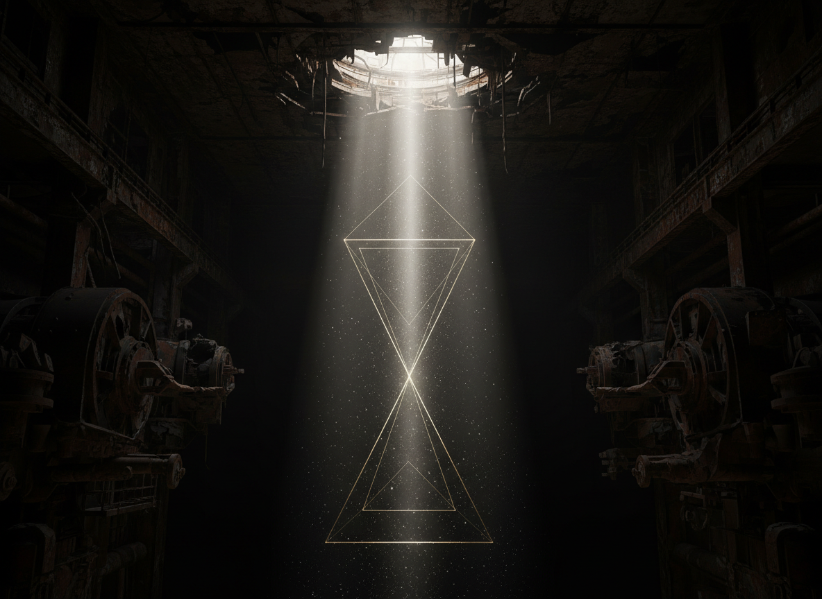 A single shaft of light breaking through a rusted industrial ceiling into total darkness below, the dust particles forming a perfect cone of sacred geometry, crumbling machinery silhouettes in the periphery, dark and hopeful simultaneously, the light is the only clean thing in the frame