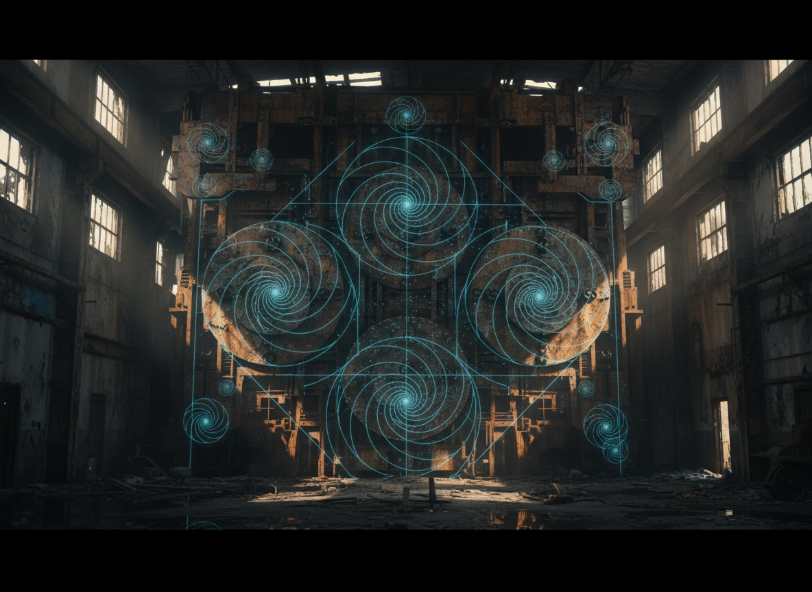 Rusted industrial framework overlaid with sacred geometry grid lines — Fibonacci spirals etched into corroded steel panels, dim light breaking through cracks in concrete, dark moody atmosphere, high contrast, cinematic