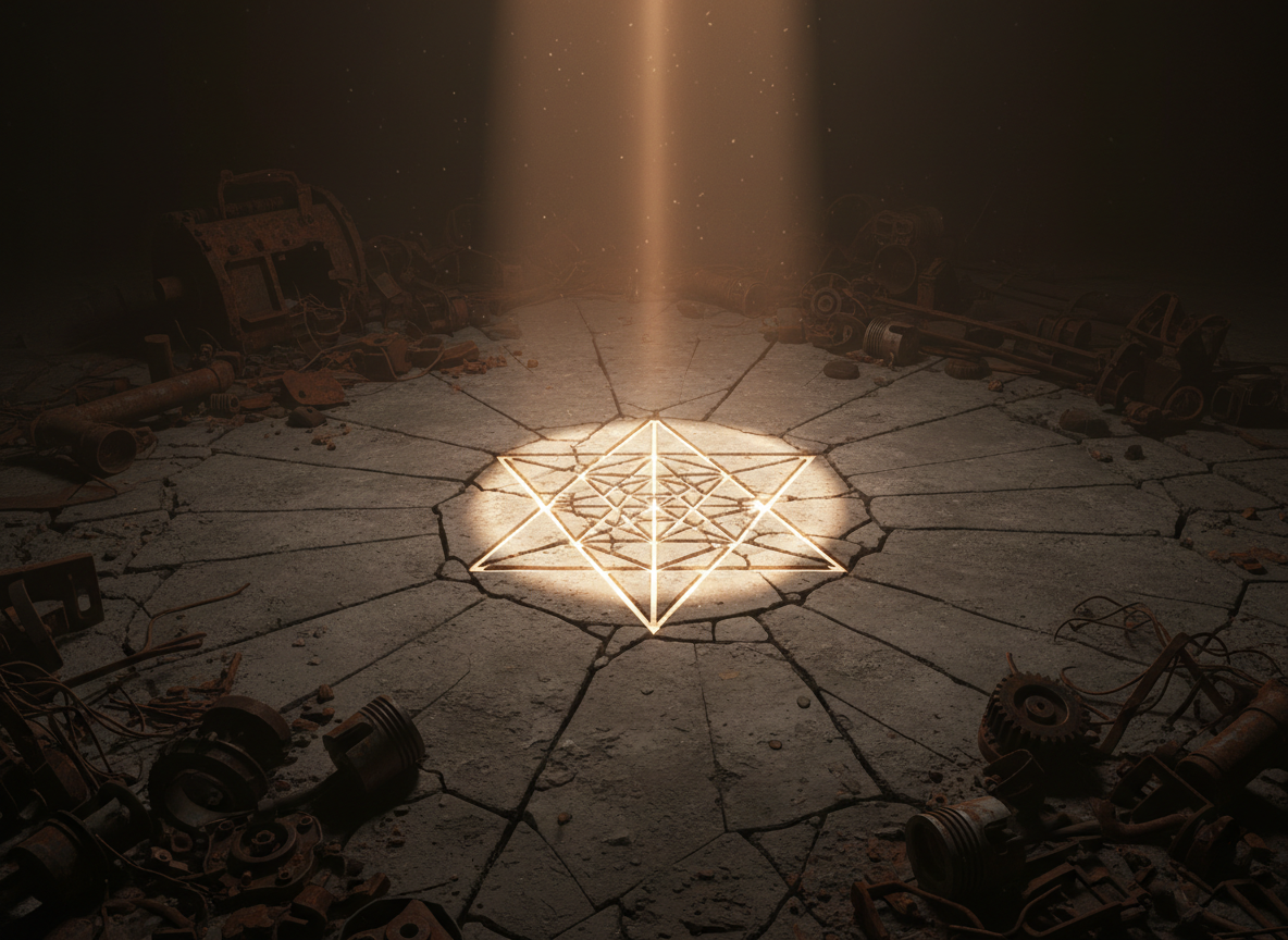 A cracked concrete floor with a perfect geometric triangle pattern carved into it, surrounded by broken industrial machinery parts, dim shaft of light illuminating the center, dark moody atmosphere, sacred geometry emerging from destruction
